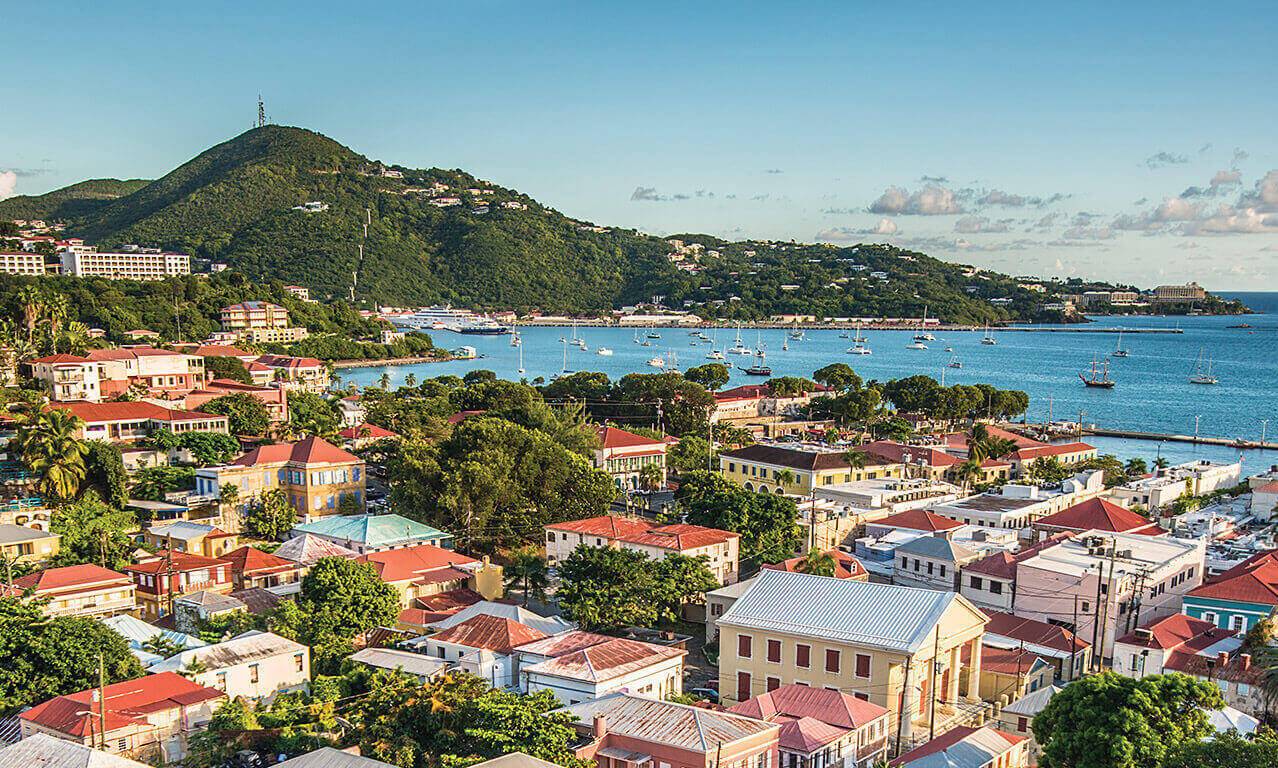 Aerial view of village with bay in background